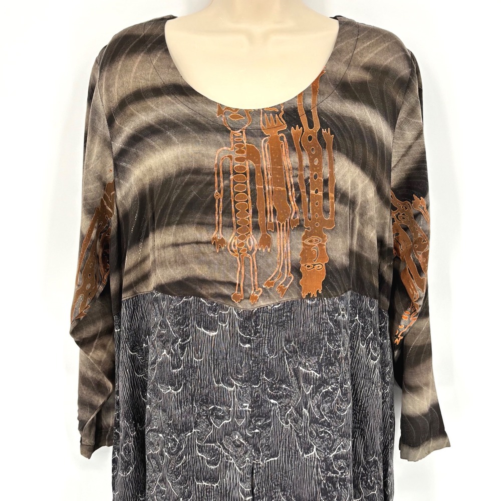 Kusnadi New York Batik Maxi Dress Brown Gray Rayon Art to Wear Handmade